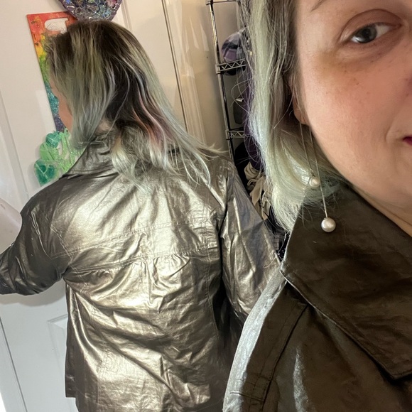 CHICOS WAXXED LINEN COPPER JACKET BLAZER SHORT SLEEVE TOO CUTE EUC SIZE 1 M - Picture 15 of 16